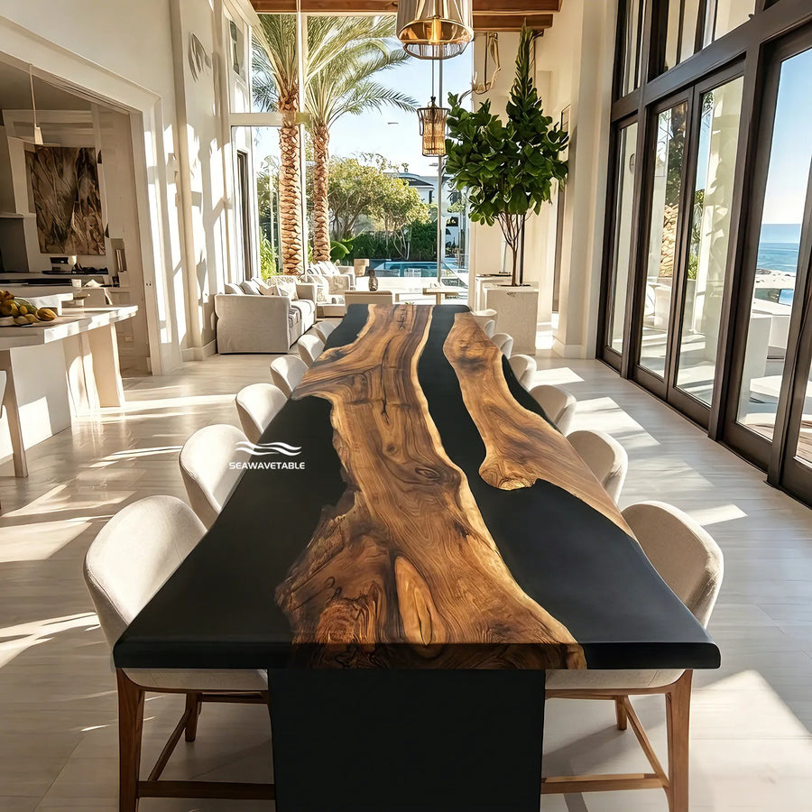 Handcrafted black walnut epoxy river dining table with live edge matte finish solid wood modern luxury table