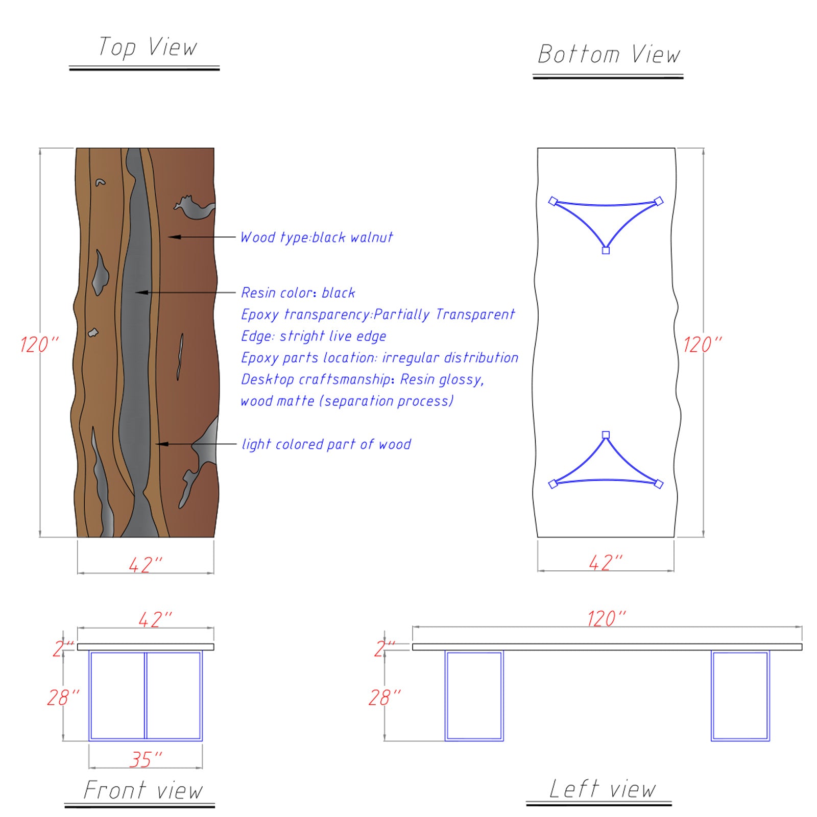 Top view of black walnut rectangular river table with white sapwood highlights and black epoxy center.