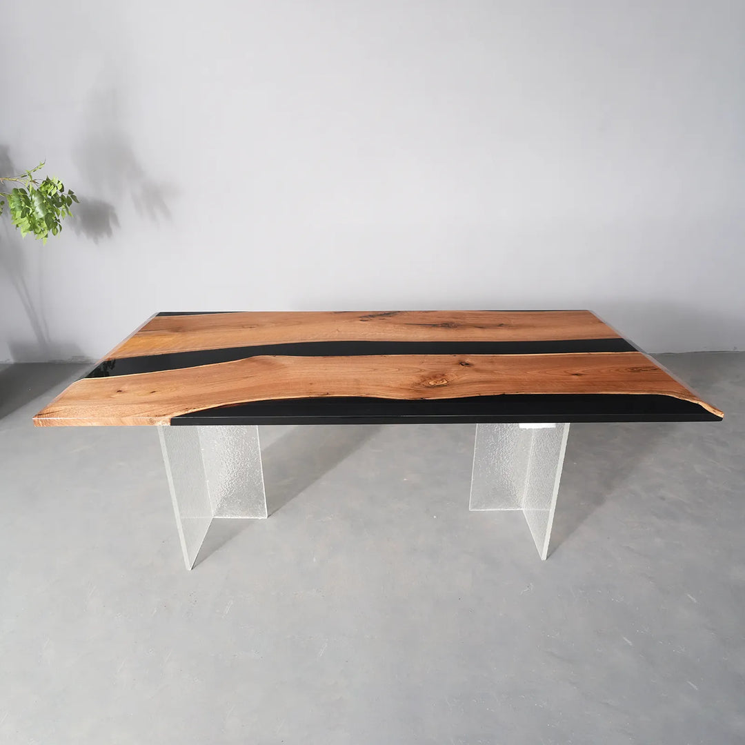 Beveled edge detail on Black Walnut epoxy dining table by SeawaveTable