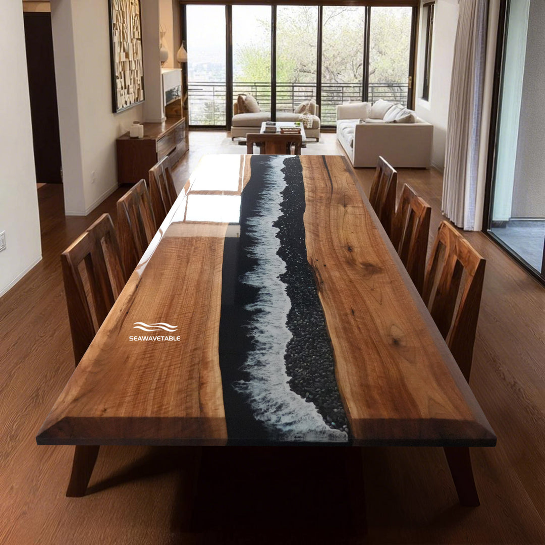 Black walnut epoxy table with blue fog forest resin top view