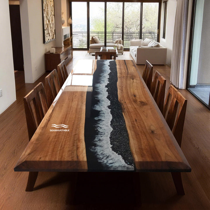 Black walnut epoxy table with blue fog forest resin top view