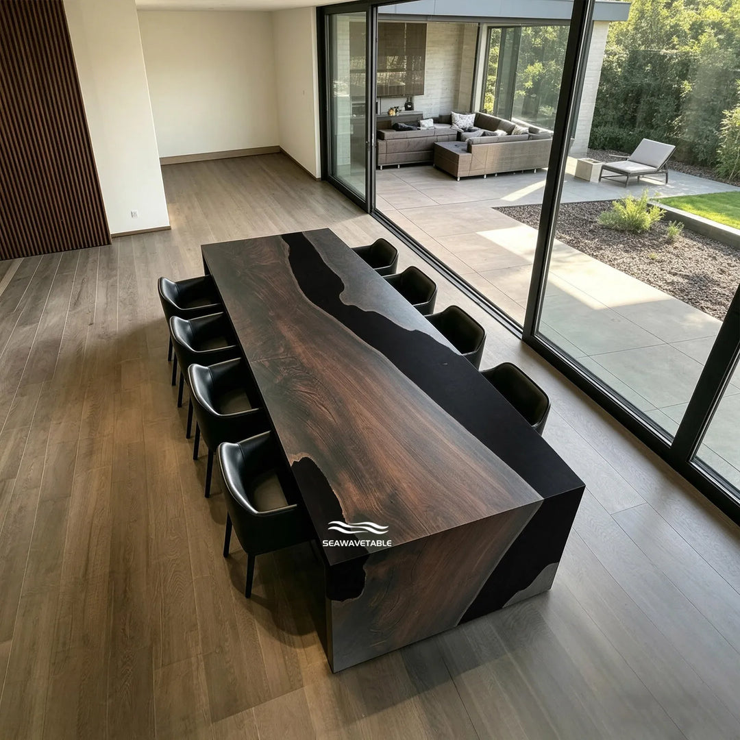 Luxury black walnut epoxy table in executive office with matte finish