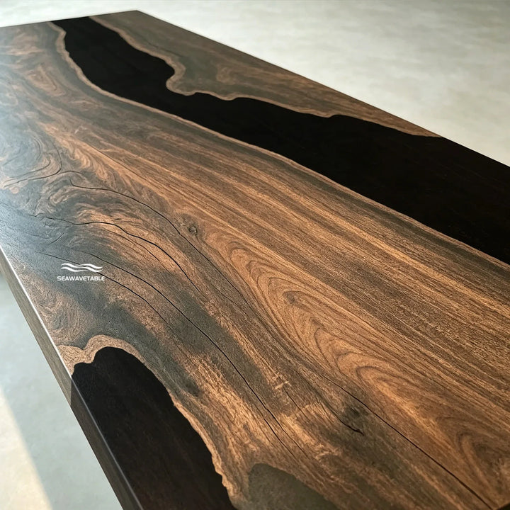 Black walnut epoxy river table in luxury interior setting