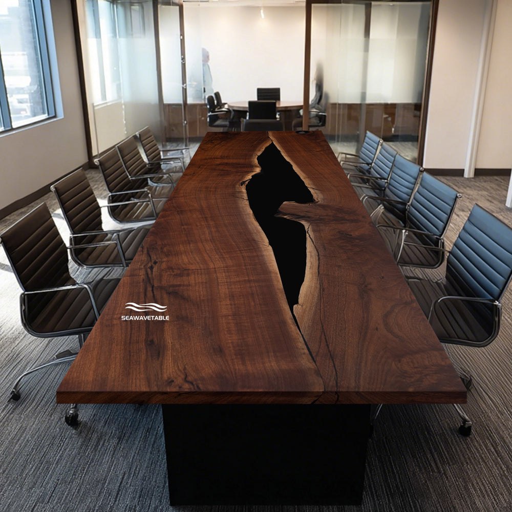 Top view of CRT-120 black walnut executive conference table with dual-layer resin design