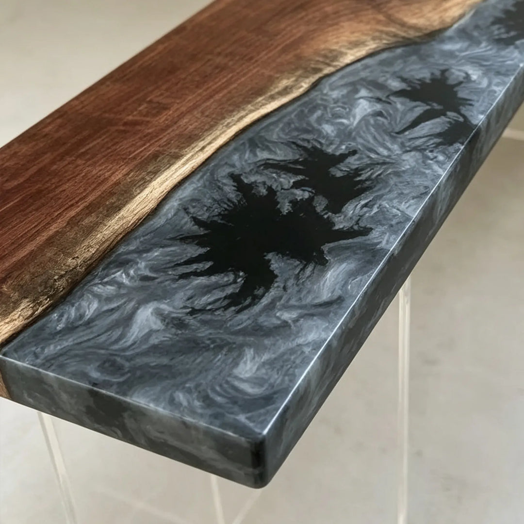 Straight edge Black Walnut epoxy floating shelf by SeawaveTable