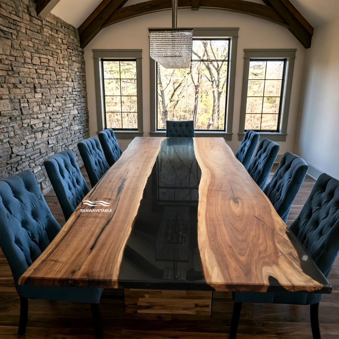 Black Walnut dining table with glossy black epoxy and natural live edges by SeawaveTable