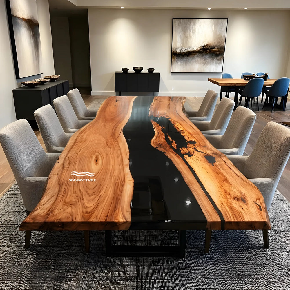 Black Walnut live edge dining table with glossy black epoxy by SeawaveTable