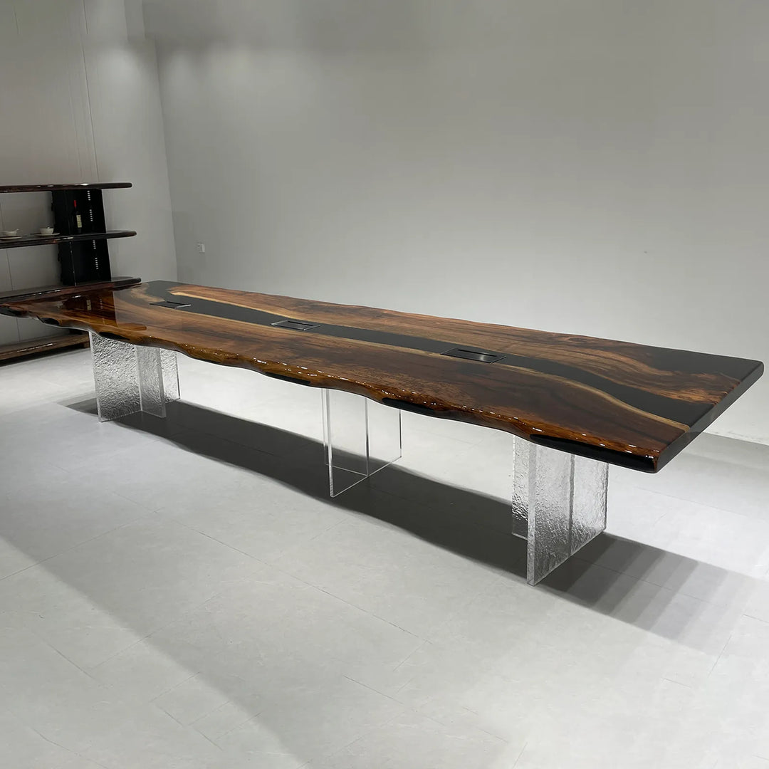 Black Walnut conference table with organic glossy black epoxy river by SeawaveTable