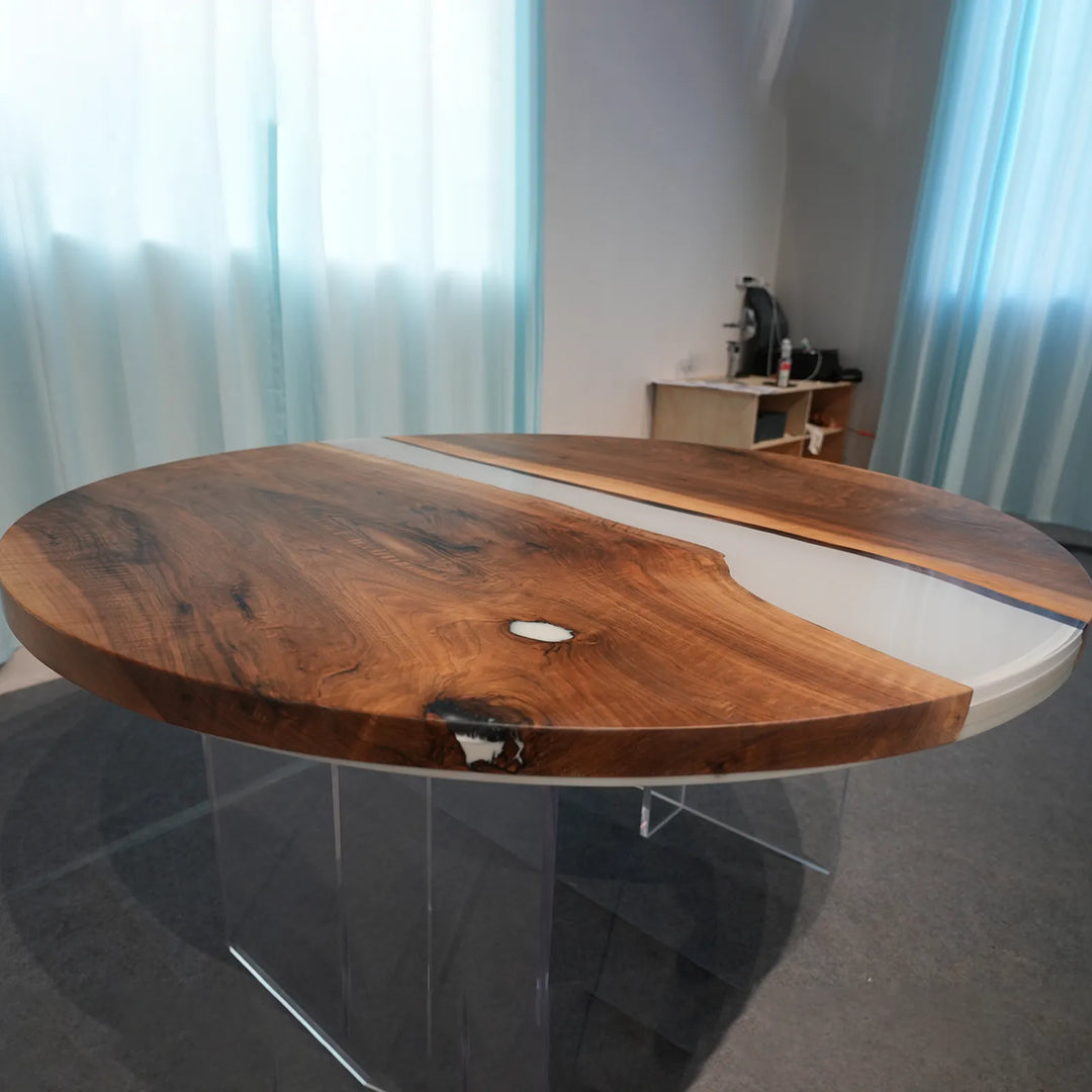 Black Walnut dining table with organic gray epoxy river by SeawaveTable