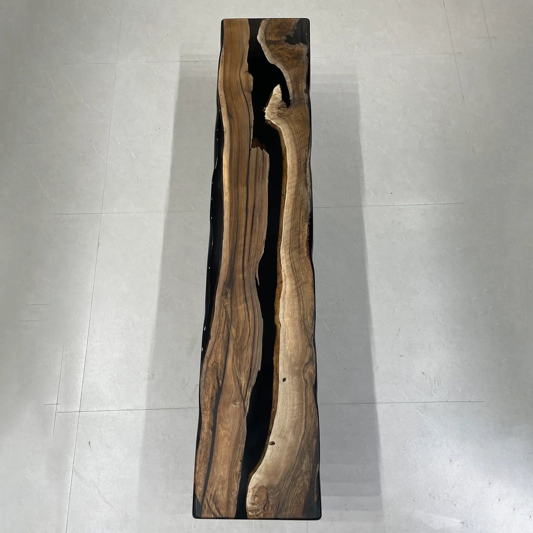 Black Walnut table with irregular transparent epoxy layout by SeawaveTable