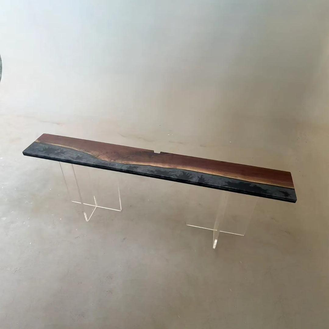 Black Walnut wall shelf with irregular black and silver epoxy by SeawaveTable