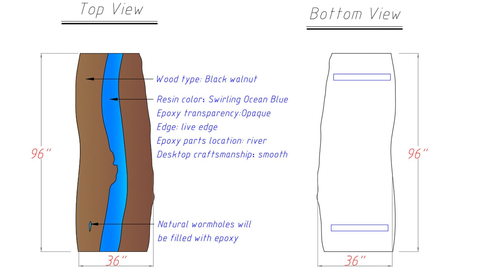 Live edge black walnut river table featuring swirling ocean blue epoxy and LED lighting, highlighting natural wood contours.
