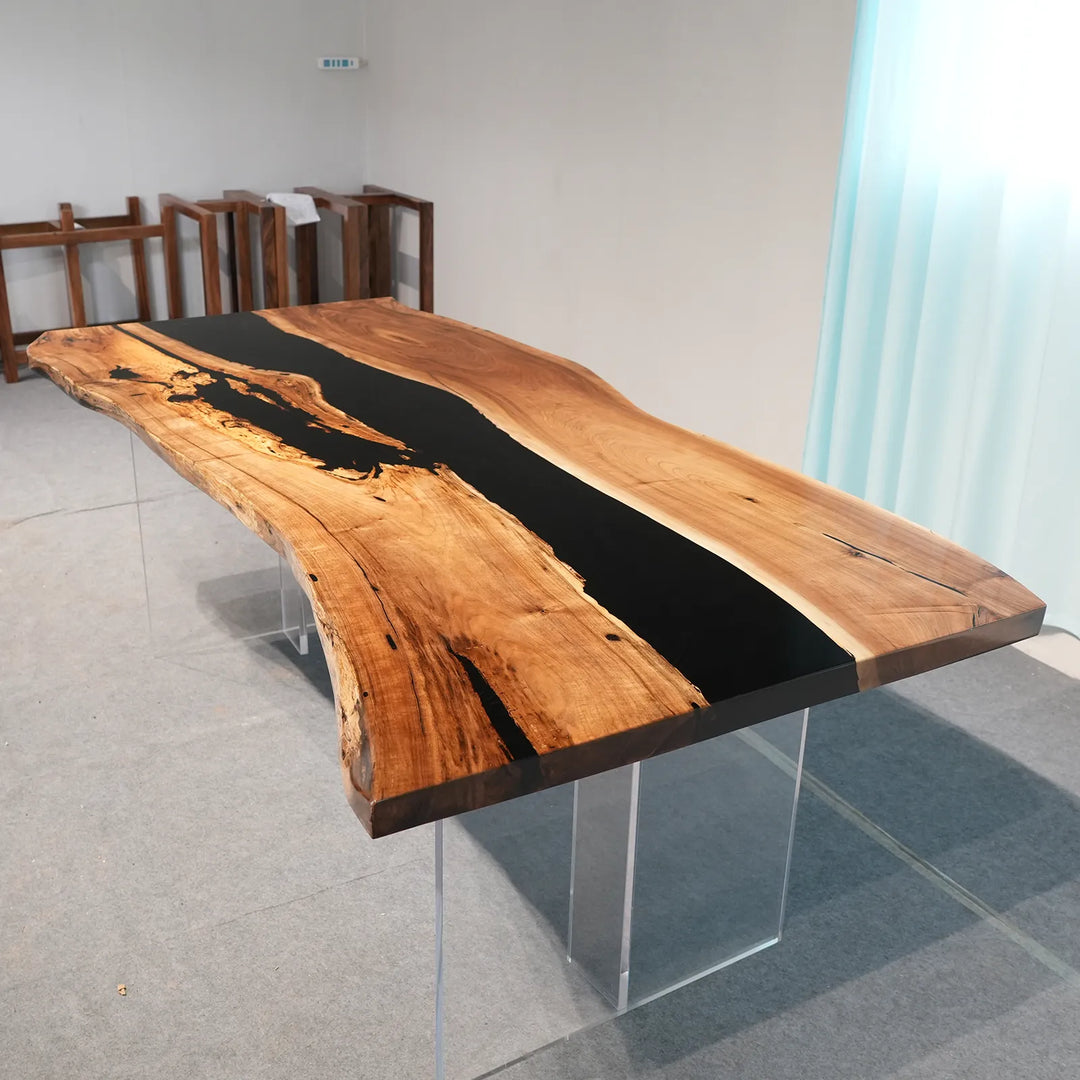 Natural live edge Black Walnut with glossy black resin by SeawaveTable