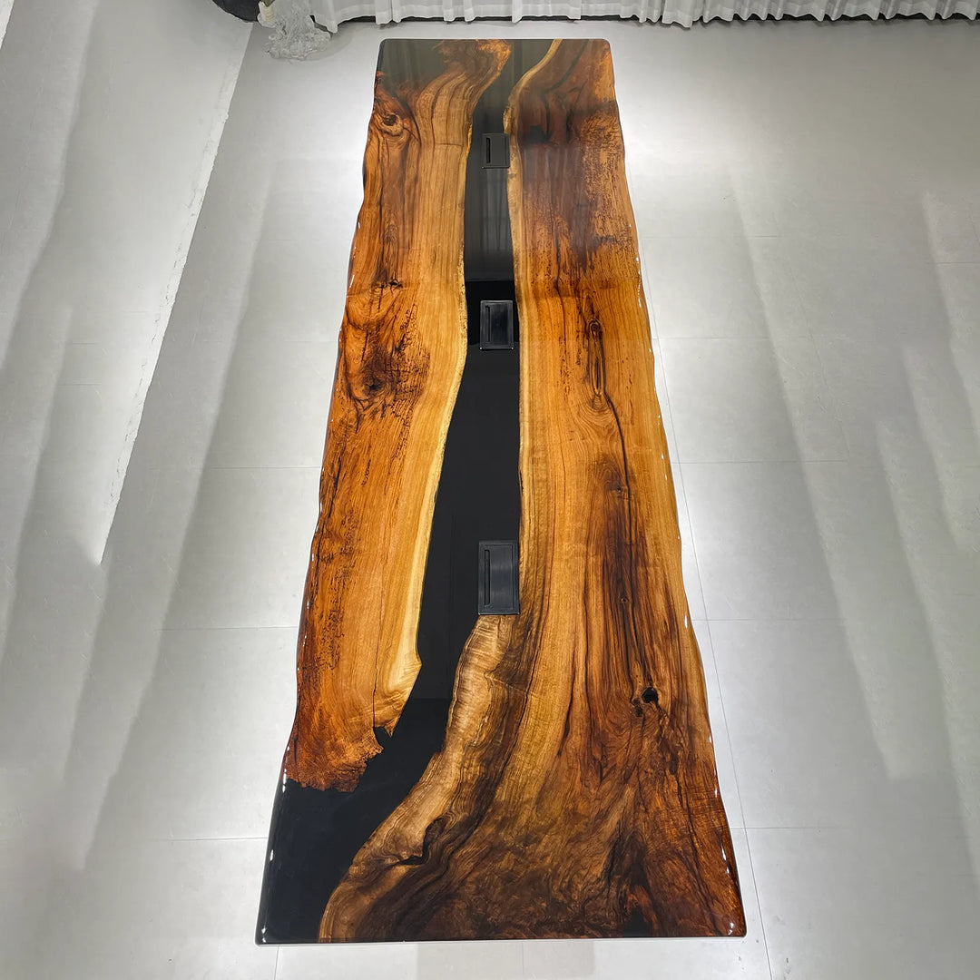 Natural live edge Black Walnut conference table with black epoxy by SeawaveTable