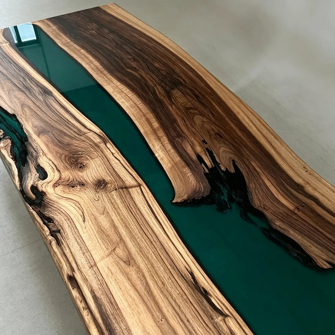 Live edge Black Walnut and Deep Teal epoxy dining table by SeawaveTable
