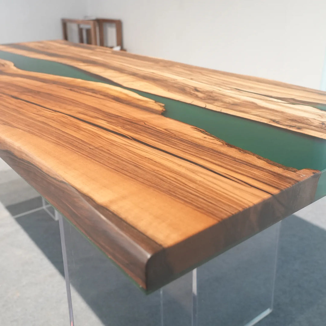 Natural live edge Black Walnut with teal resin river by SeawaveTable