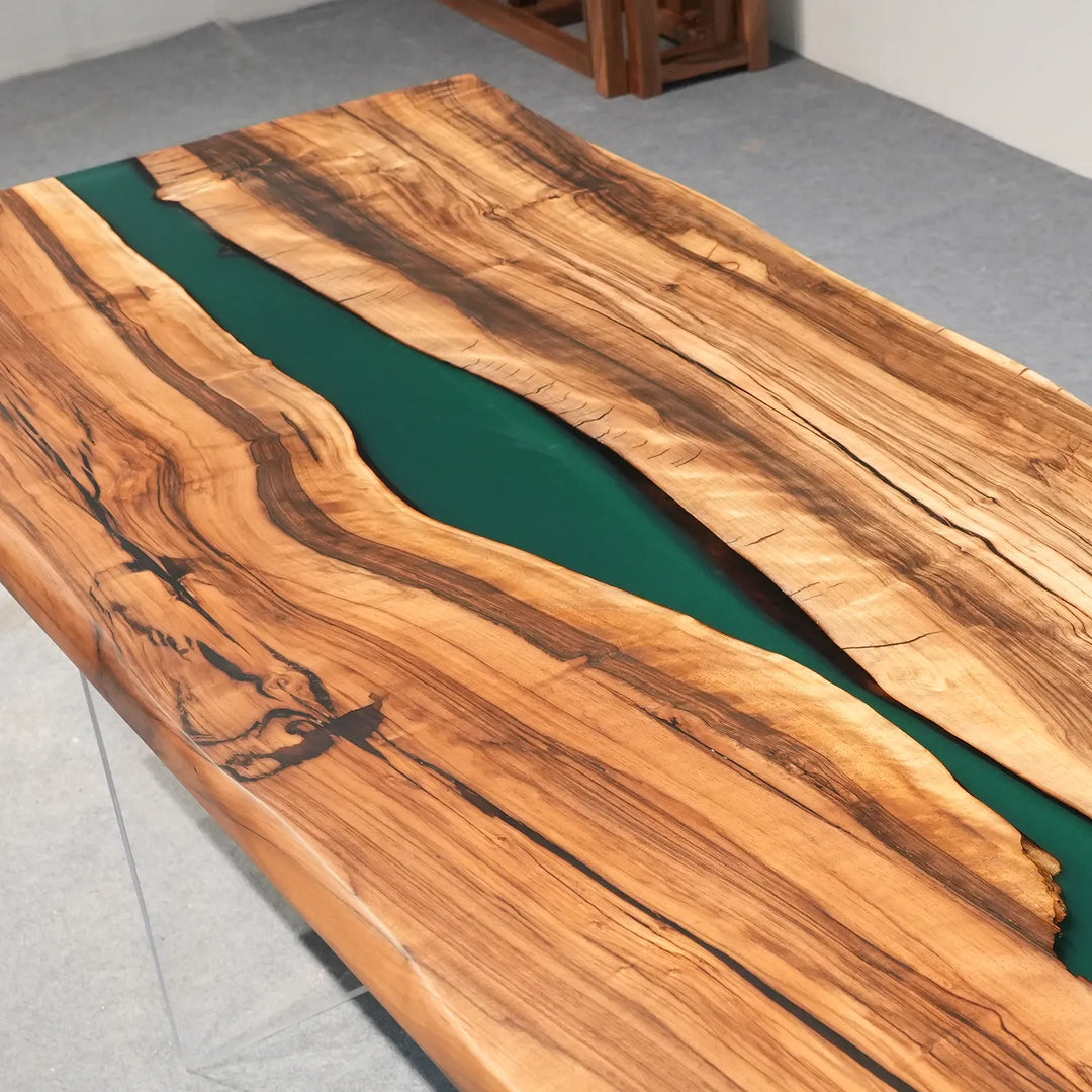 Natural Black Walnut grain beside Deep Teal epoxy by SeawaveTable