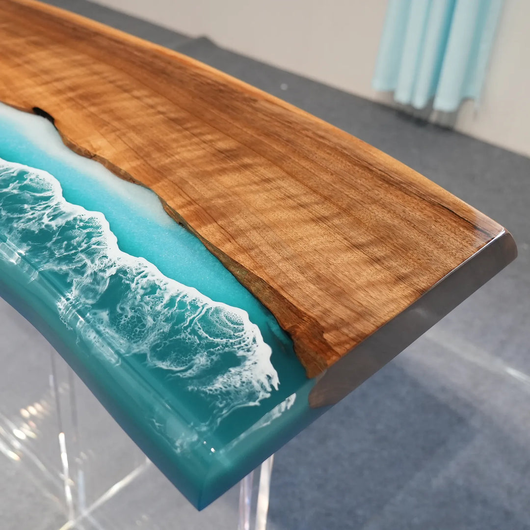 Detailed white wave pattern in turquoise ocean epoxy table by SeawaveTable