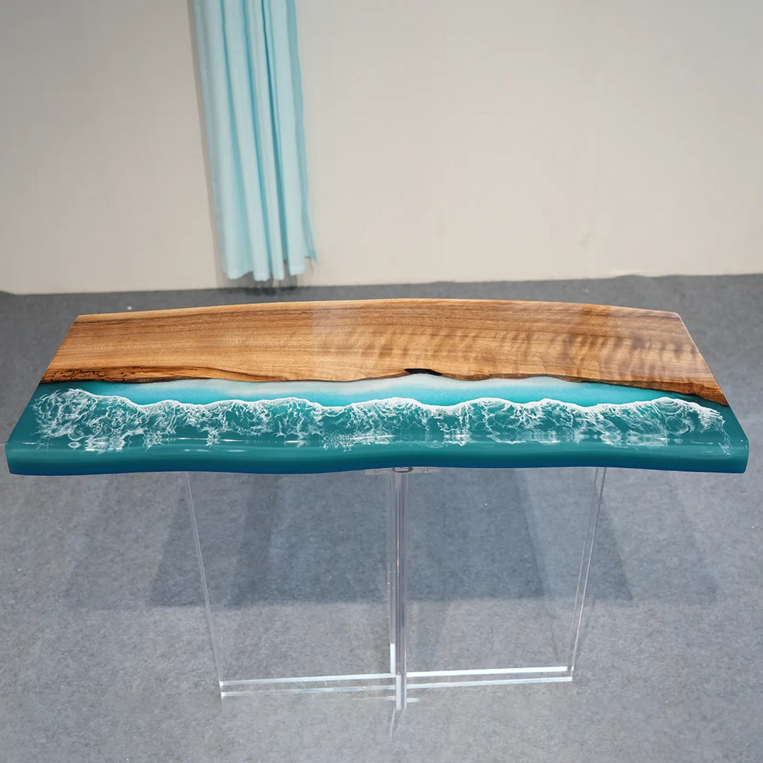 Black Walnut console table with layered ocean shoreline epoxy design by SeawaveTable
