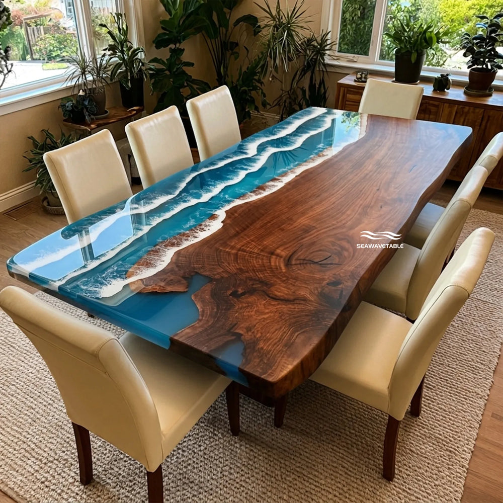 Black Walnut live edge dining table with turquoise and blue ocean wave epoxy by SeawaveTable