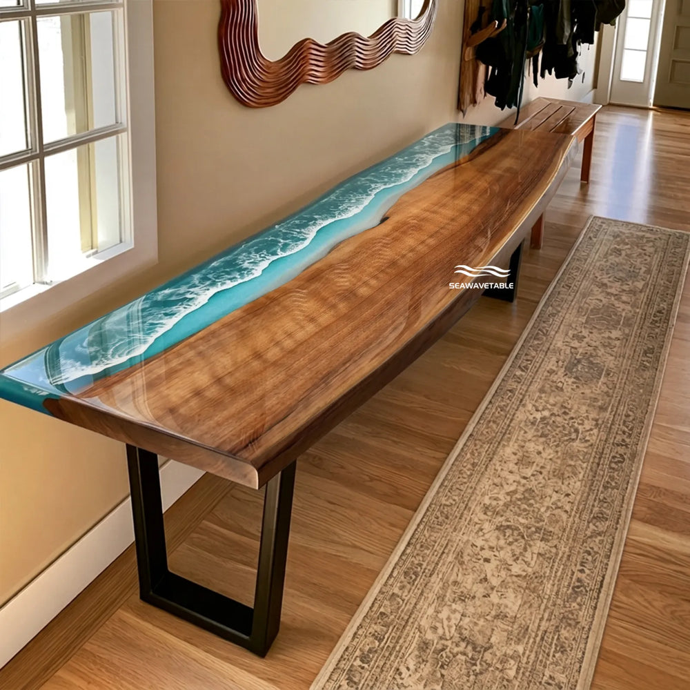 Black Walnut live edge table with turquoise and blue ocean wave epoxy by SeawaveTable