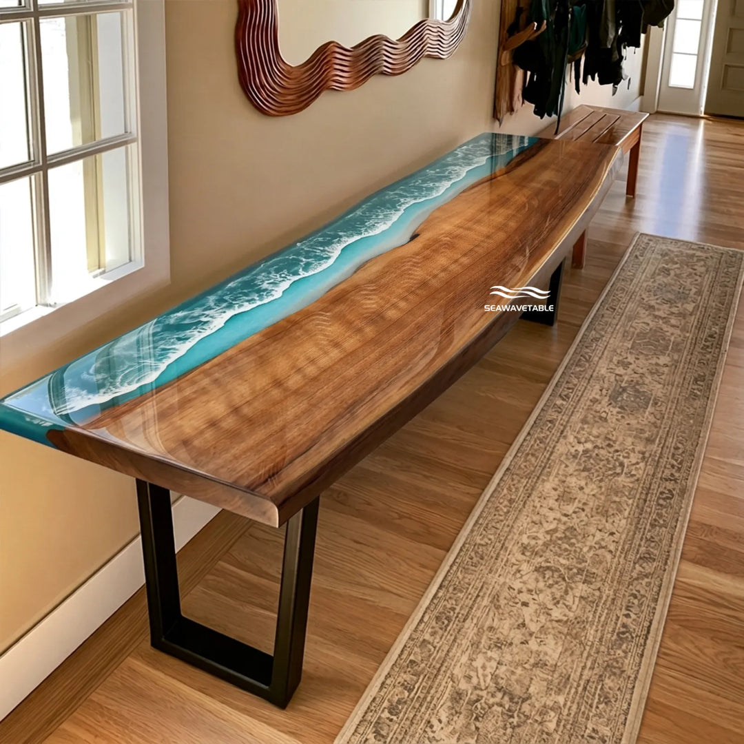 Black Walnut live edge table with turquoise and blue ocean wave epoxy by SeawaveTable