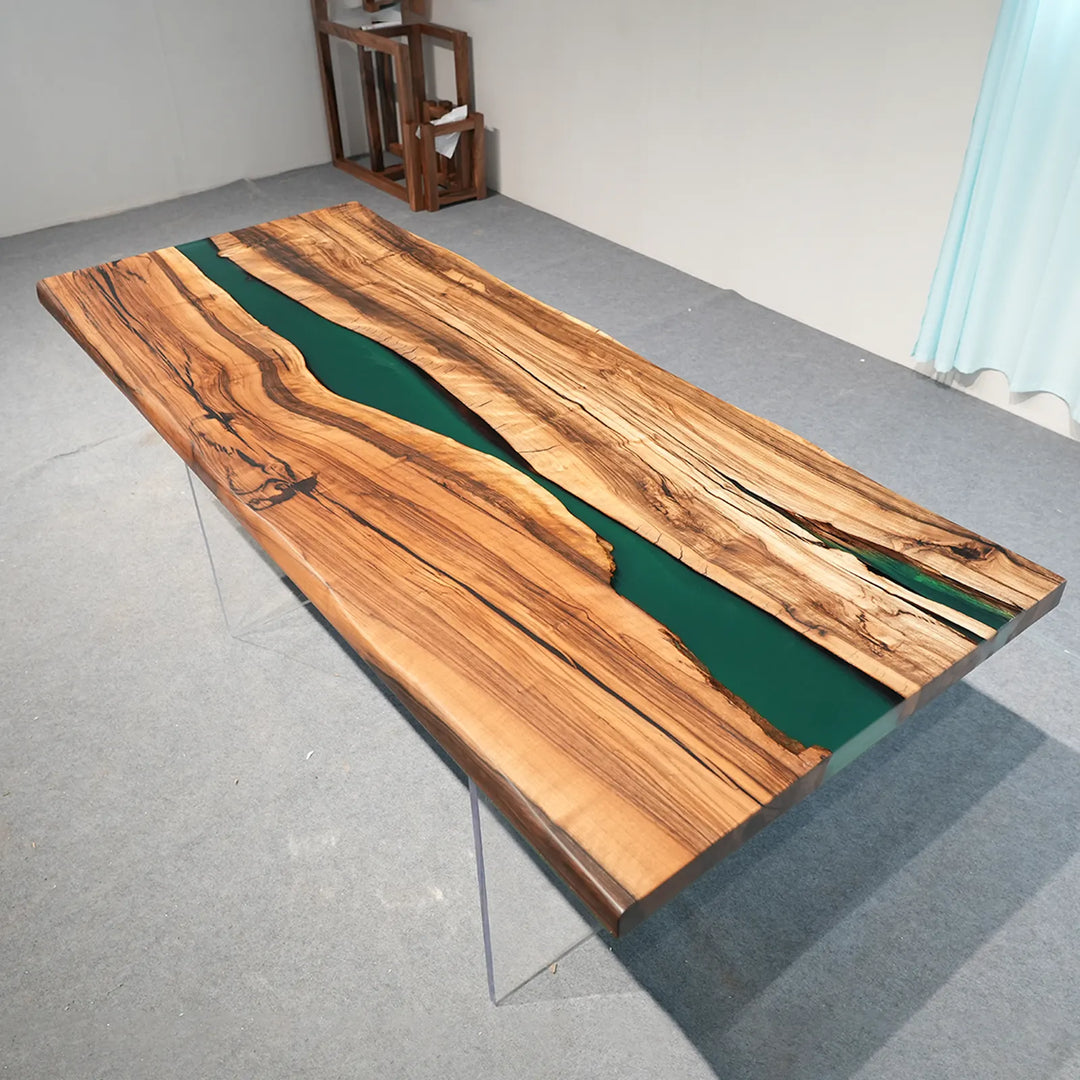 Black Walnut dining table with an organic teal epoxy river by SeawaveTable