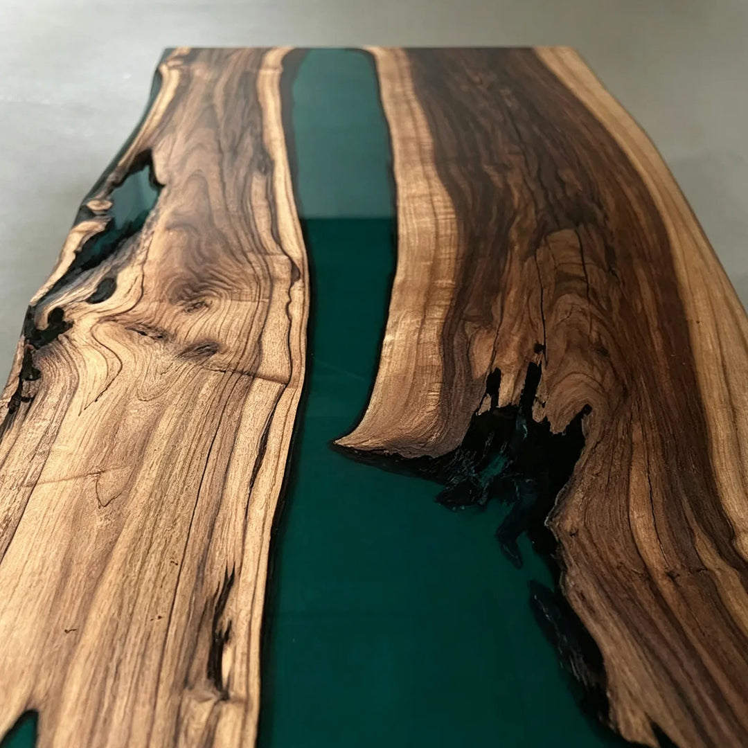 Black Walnut table with organic Deep Teal epoxy river design by SeawaveTable