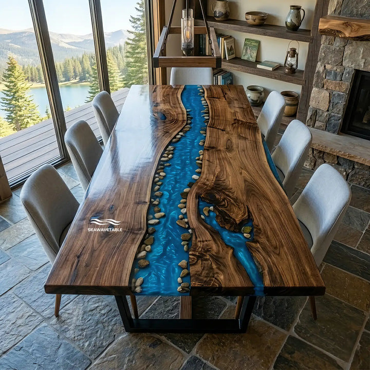 Black Walnut river stone resin dining table CRT-343 with organic shoreline composition