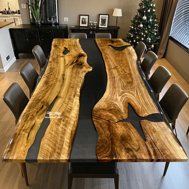 High gloss live edge table with black translucent resin center