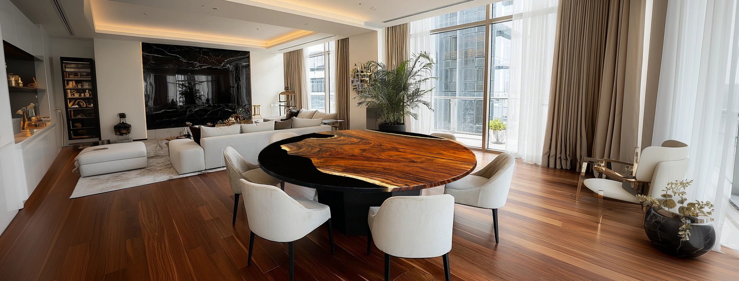 Custom round black walnut epoxy table handcrafted by SeawaveTable