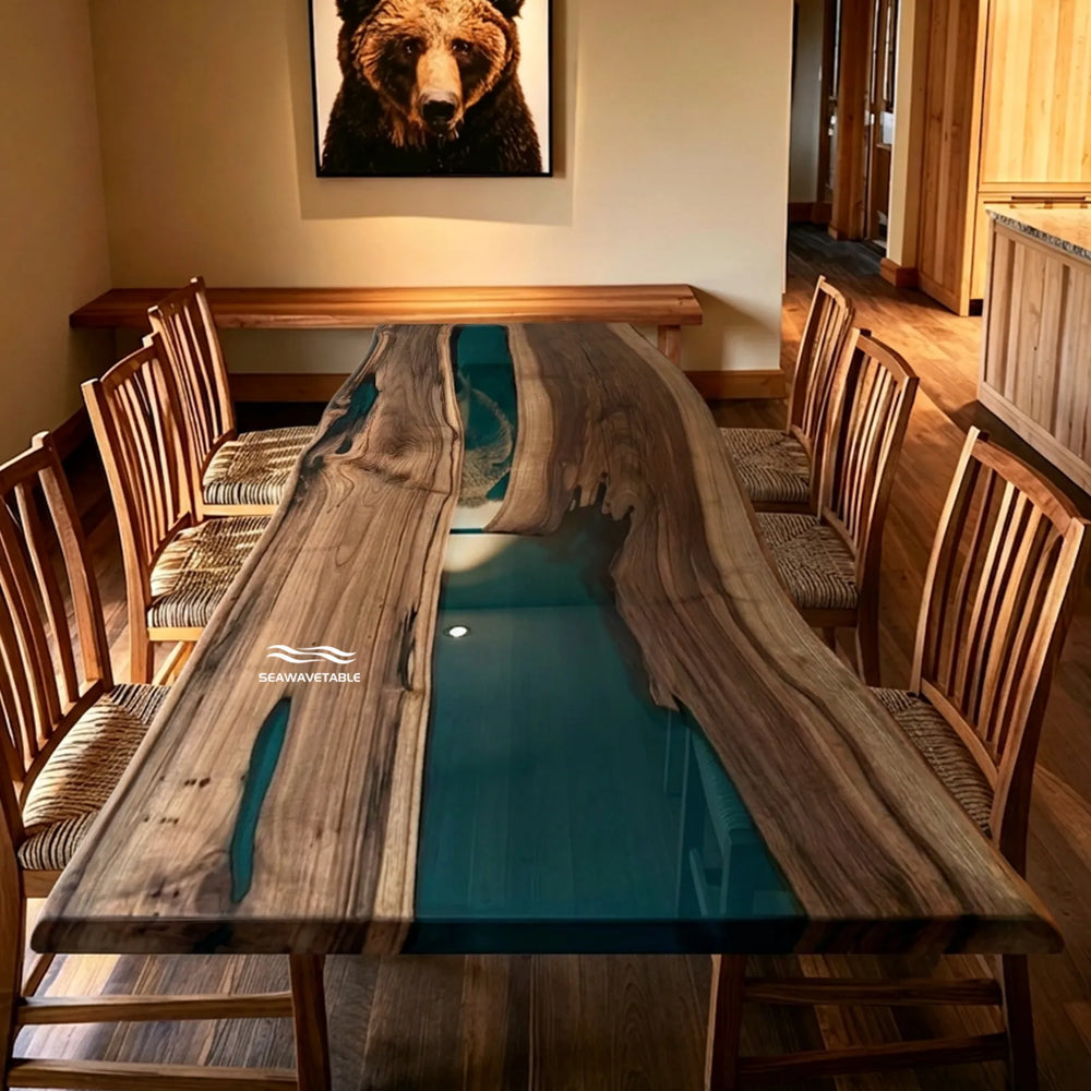 Black Walnut dining table with Deep Teal epoxy river by SeawaveTable