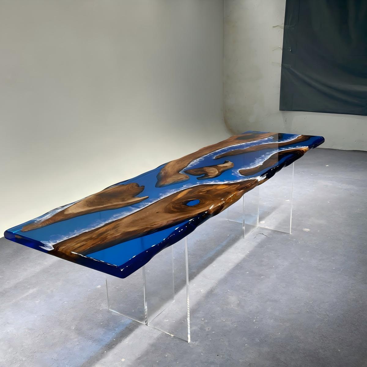 Black walnut bar table with deep blue transparent resin and white wave epoxy design