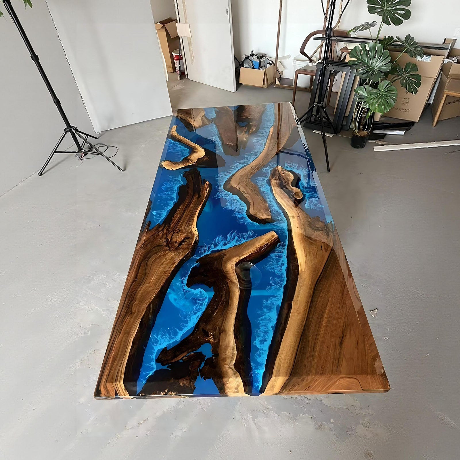 Finished black walnut dining table with transparent blue resin and white wave epoxy, handmade