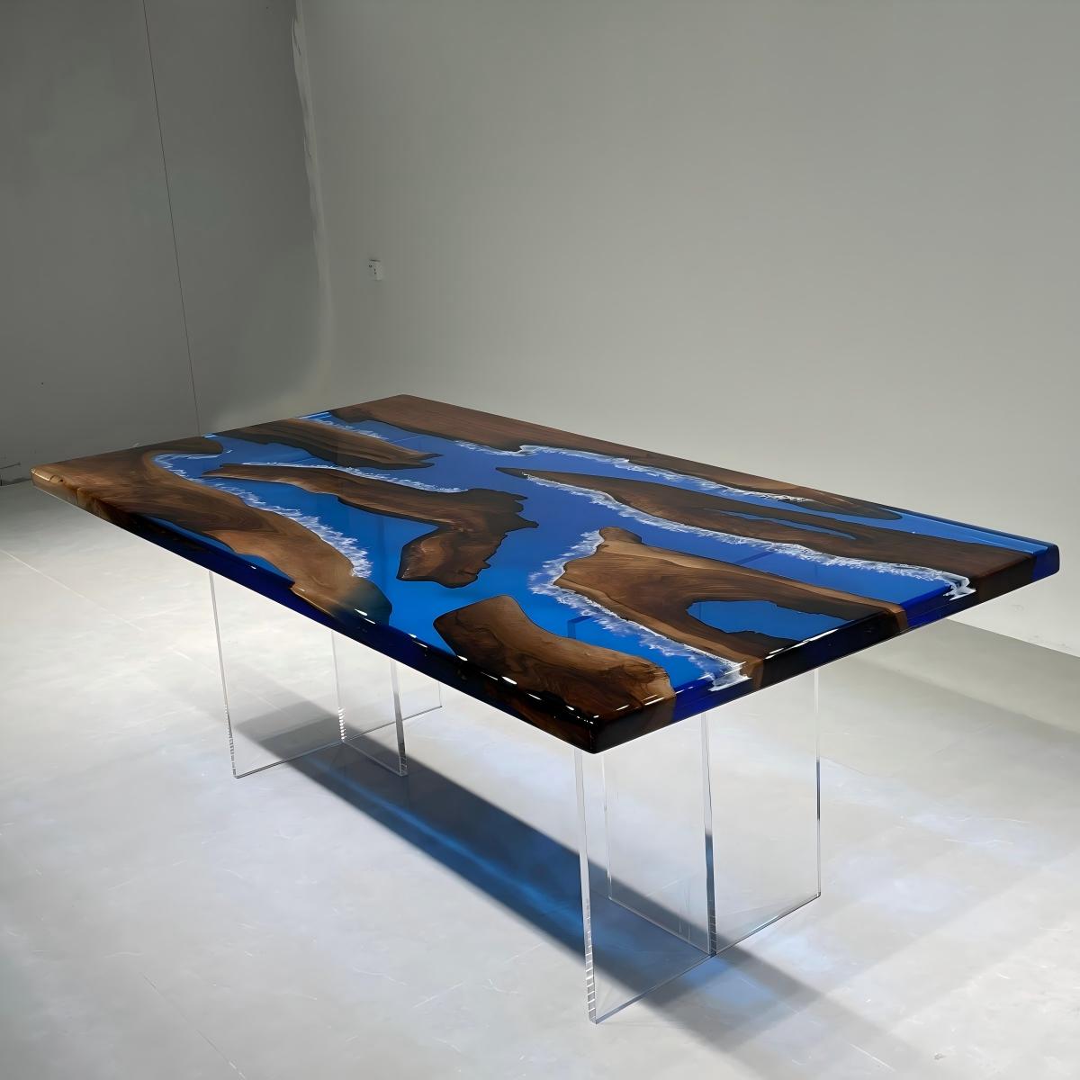 Handmade black walnut dining table with ocean blue resin and white wave accents
