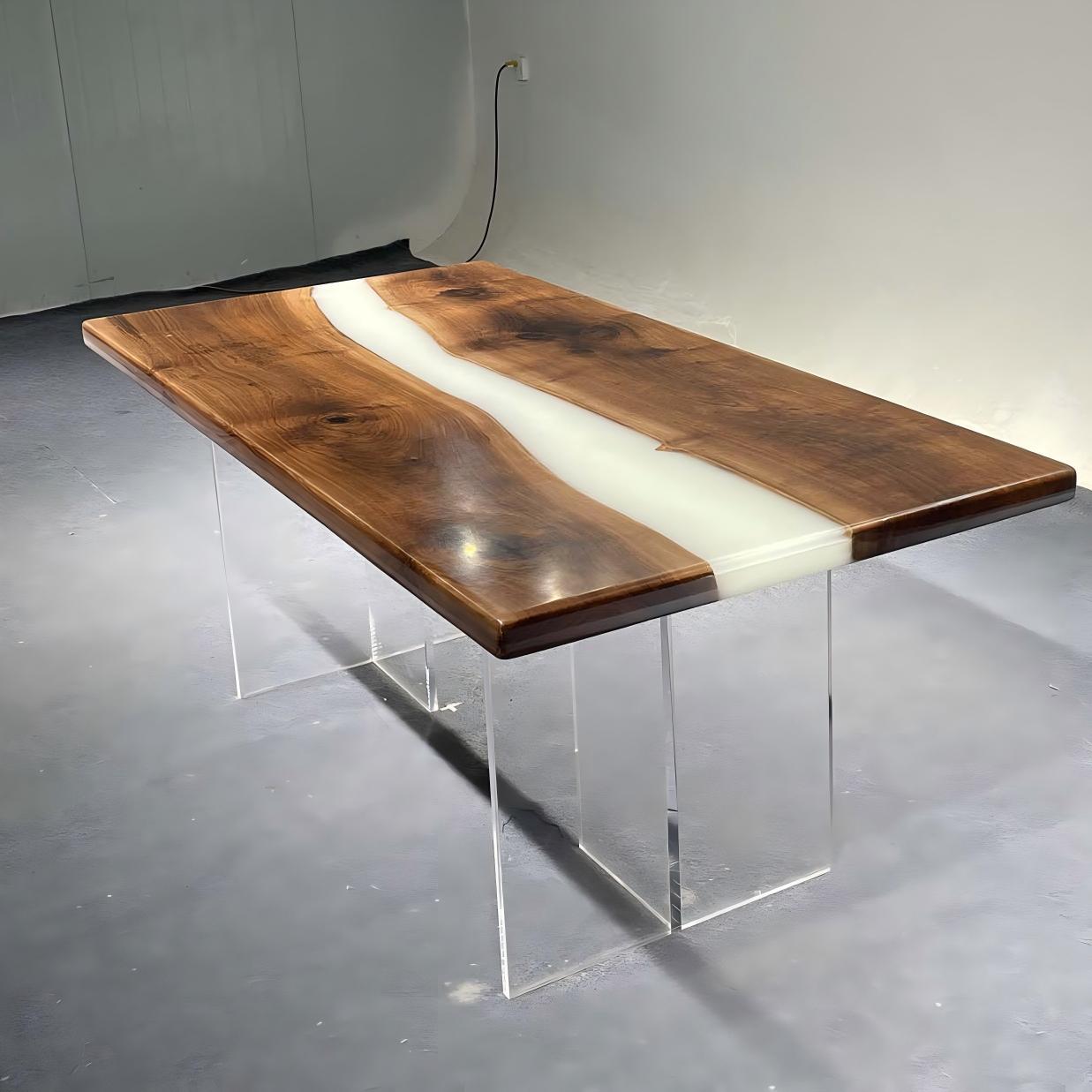 Luxury black walnut dining table with flowing white epoxy river, solid wood handcrafted piece.