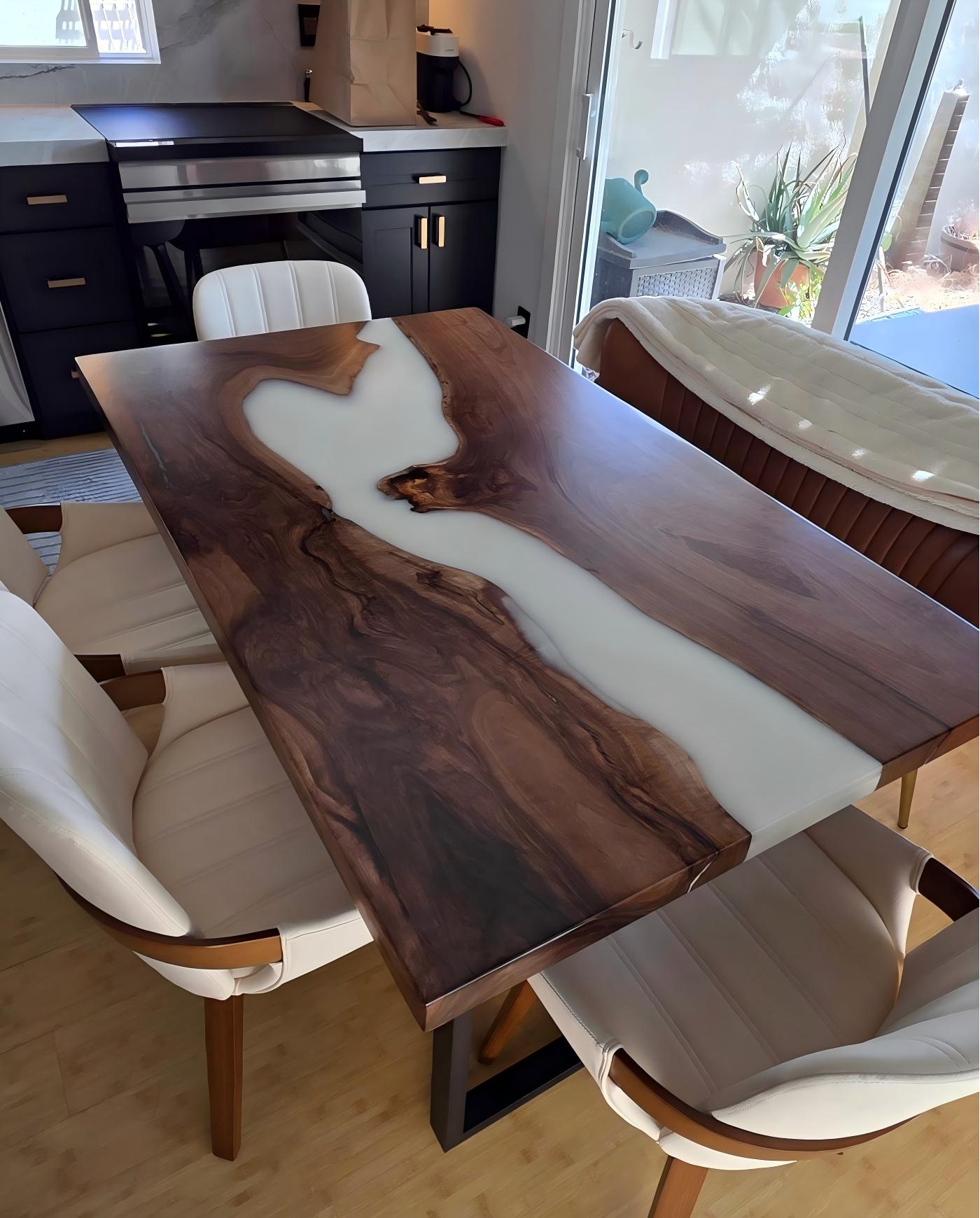 Textured close-up of matte surface finish on black walnut white epoxy table — understated luxury with natural elegance.