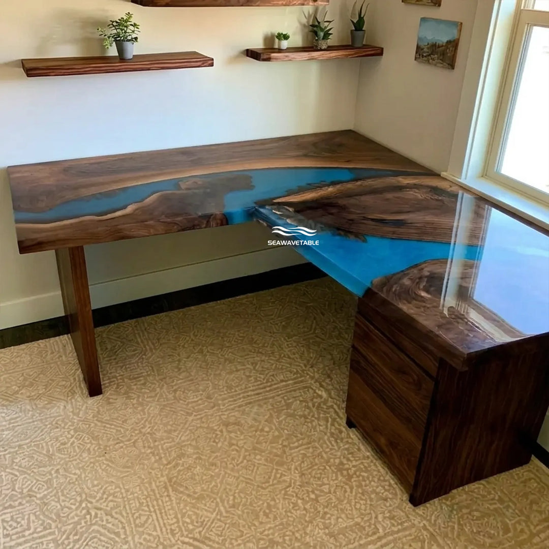 Blue epoxy river and Black Walnut office desk with natural stone details