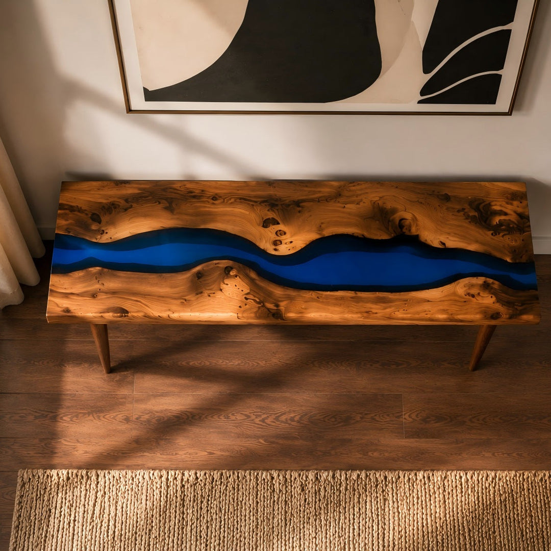 Blue epoxy river console table CRT-025 handcrafted from Black Walnut