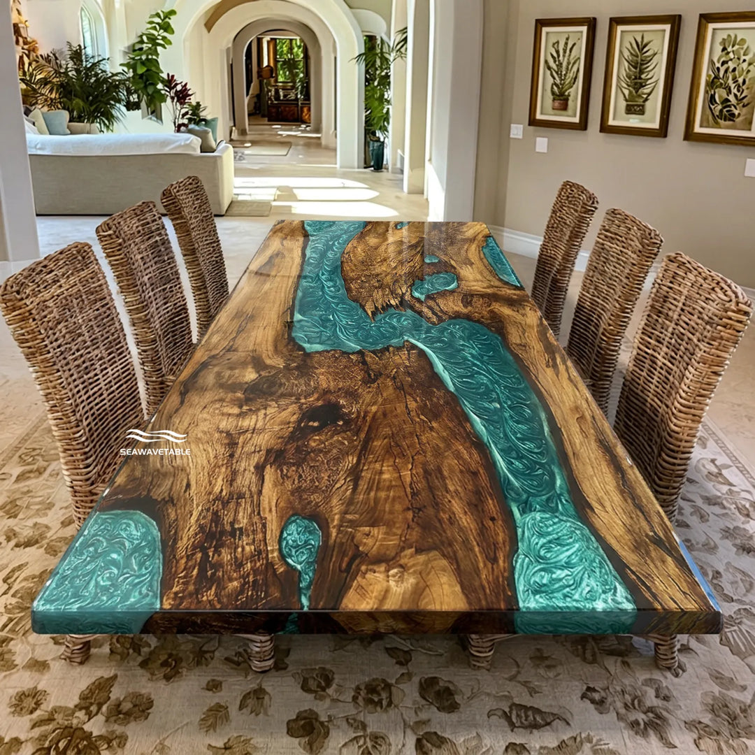 Blue epoxy river design flowing through Golden Camphor wood