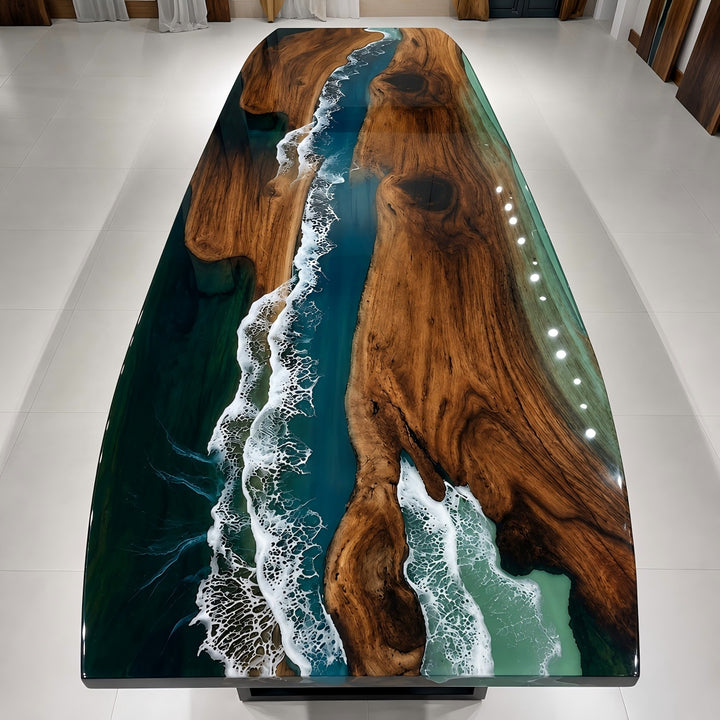 Boat-shaped ocean epoxy conference table CRT-340 in industrial loft office interior