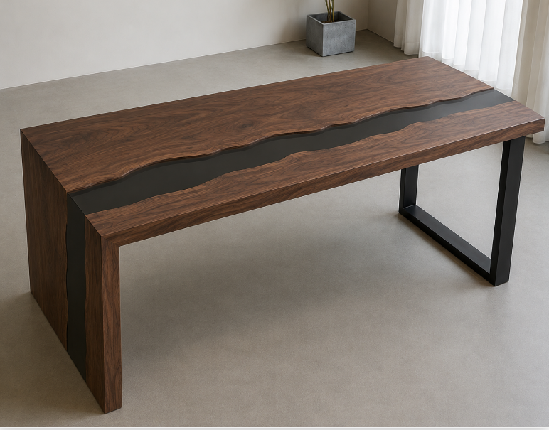 Custom L-Shaped Black Walnut & Smoky Quartz Epoxy Waterfall Desk