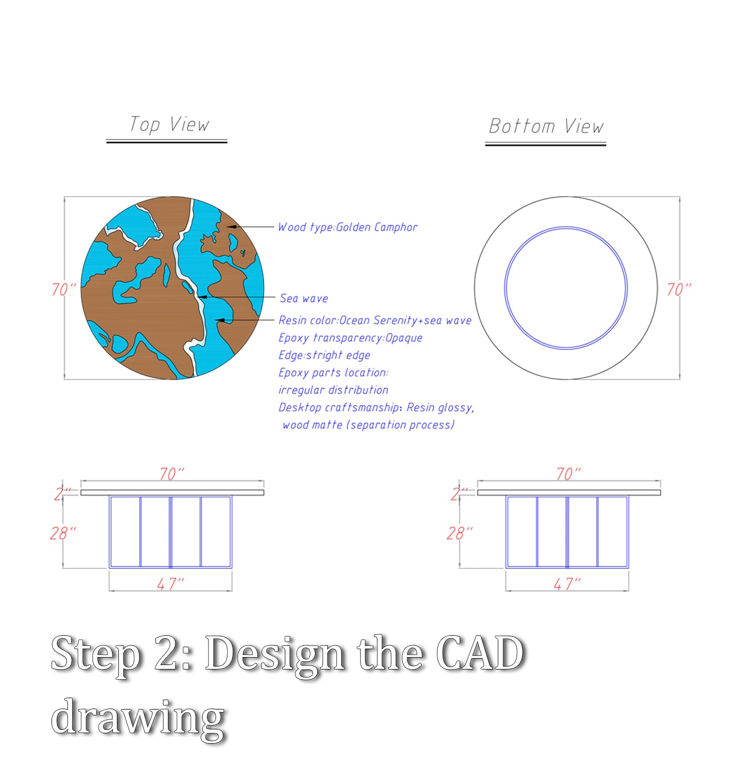 CAD drawing for custom table design, combining natural camphor wood features with blue resin