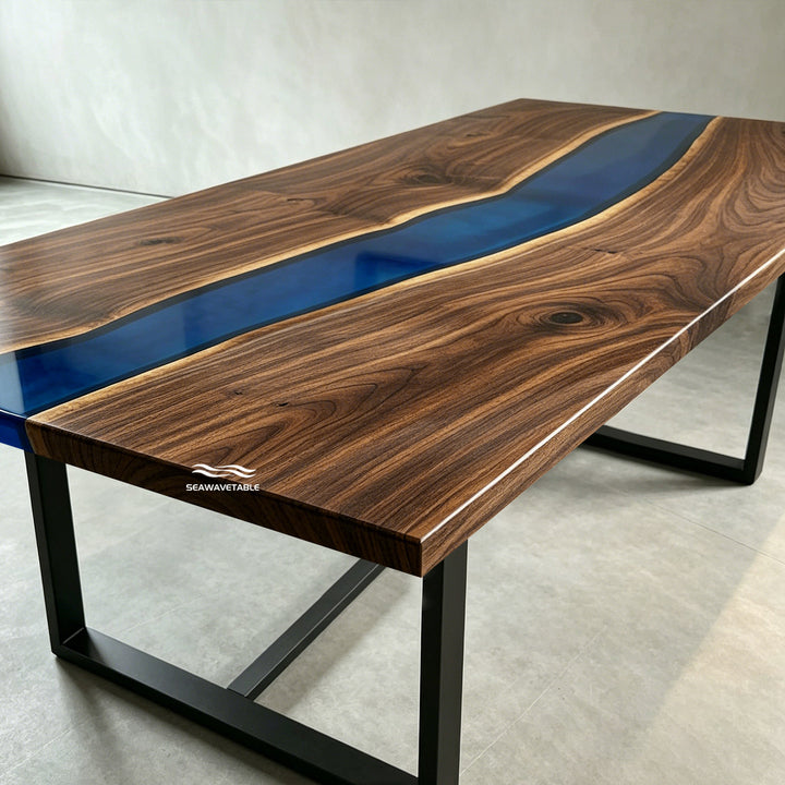 Clean linear composition detail of CRT-337 Black Walnut river table with blue resin