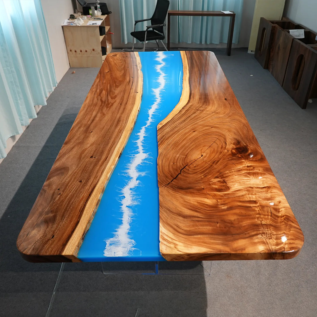 Clear resin top layer over blue and white ocean epoxy river by SeawaveTable