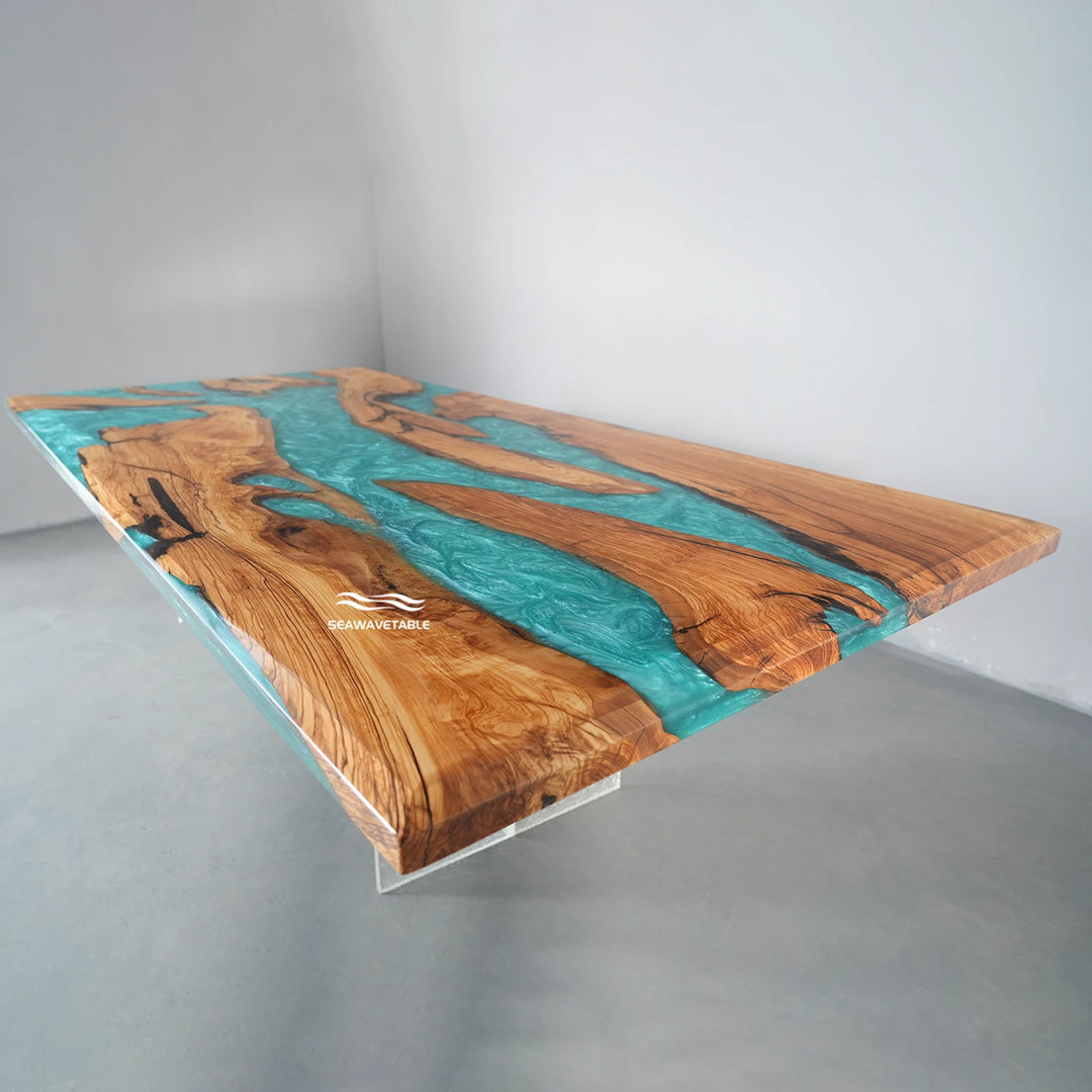 Coastal modern dining room with olive wood epoxy table turquoise resin centerpiece design