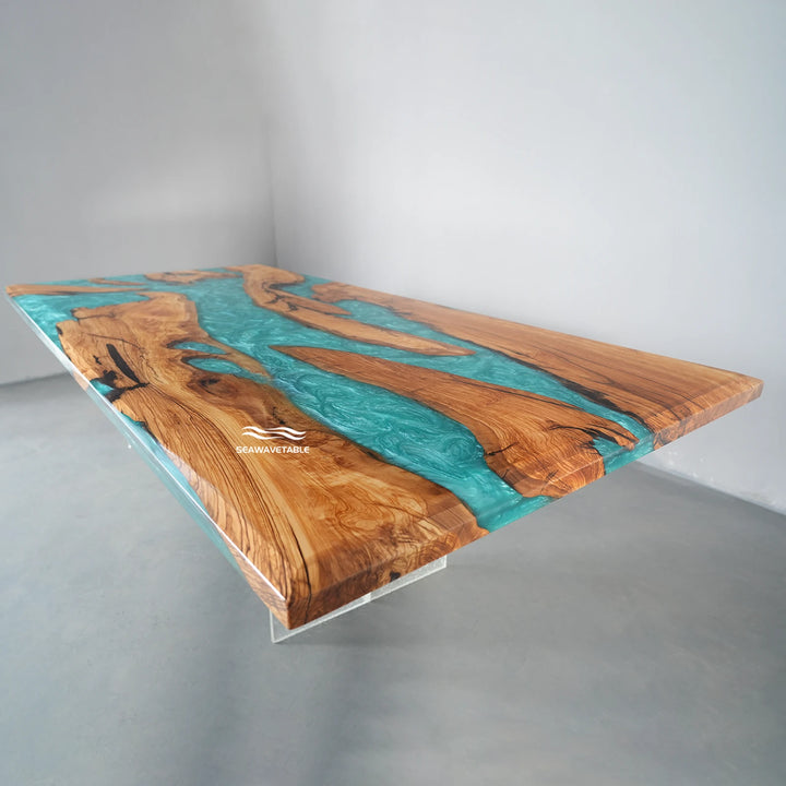 Coastal modern dining room with olive wood epoxy table turquoise resin centerpiece design