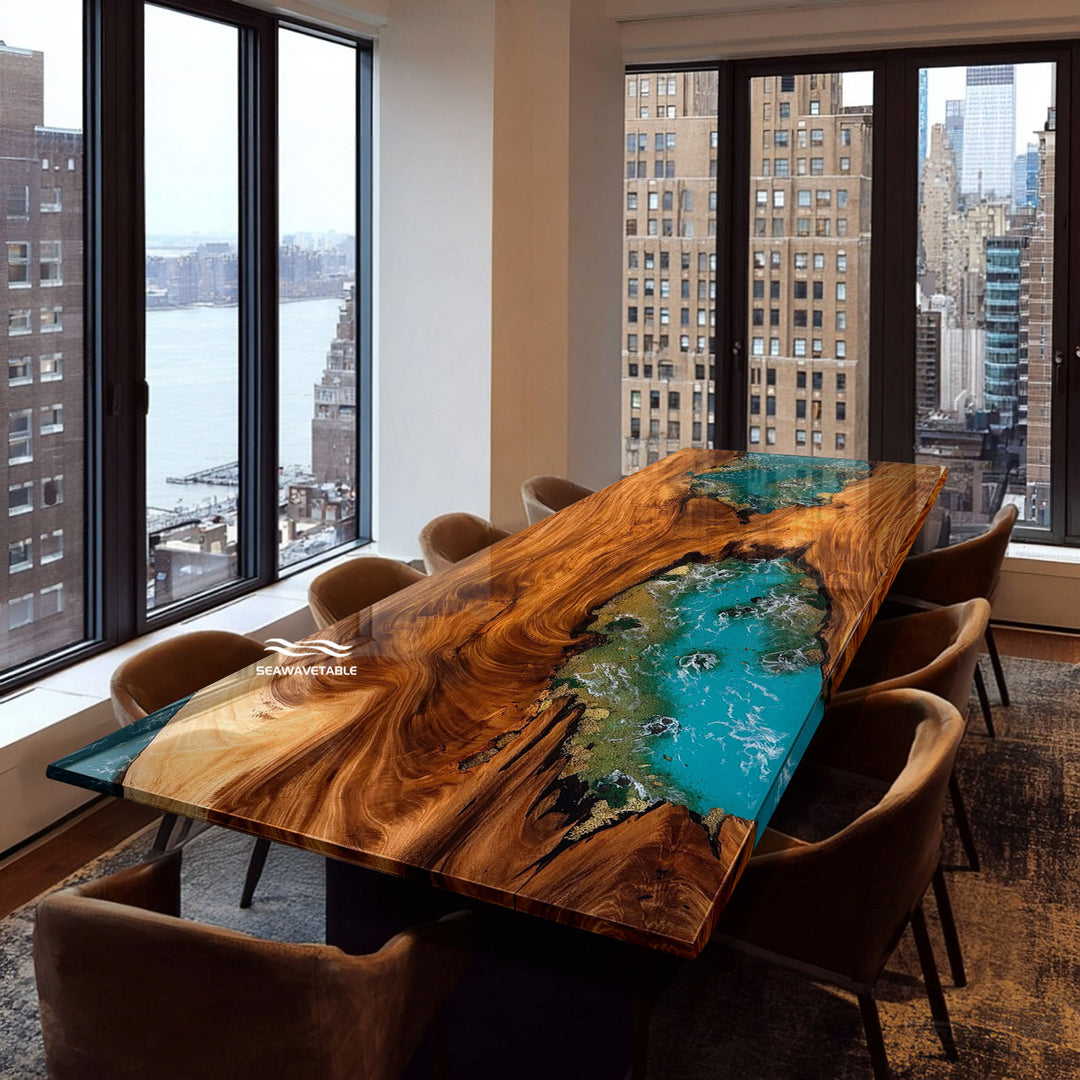 Handcrafted walnut resin table featuring coastal vegetation and shoreline-inspired inlay design