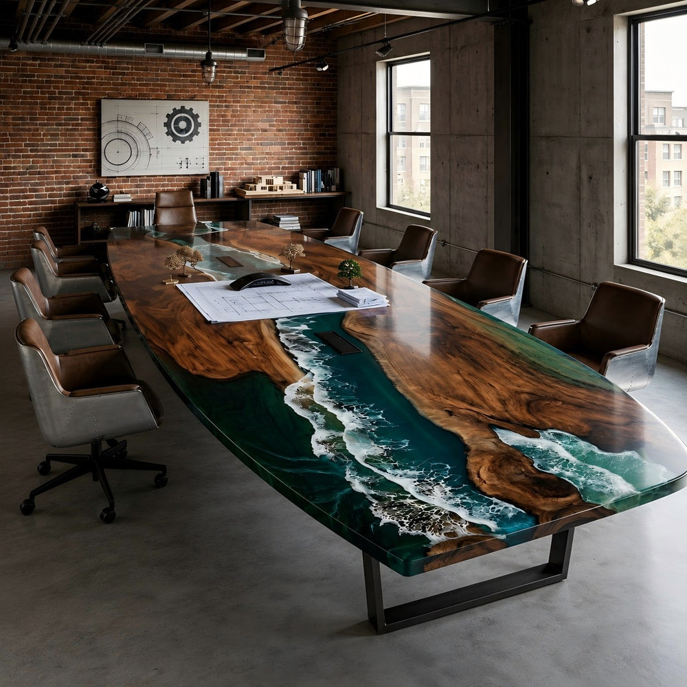Coastline-inspired Black Walnut resin conference table CRT-340 in modern boardroom setting