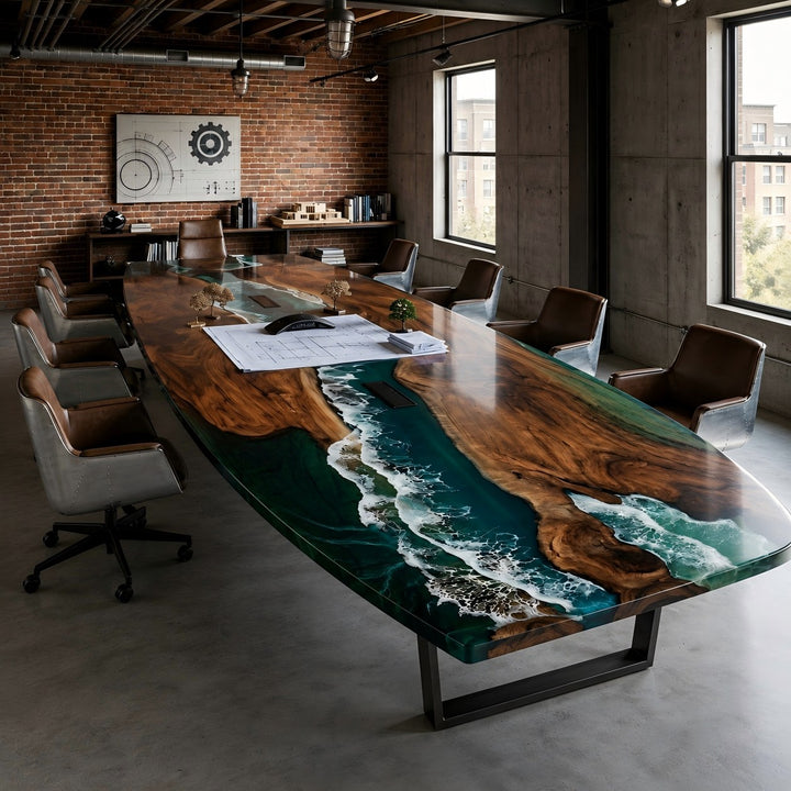 Coastline-inspired Black Walnut resin conference table CRT-340 in modern boardroom setting